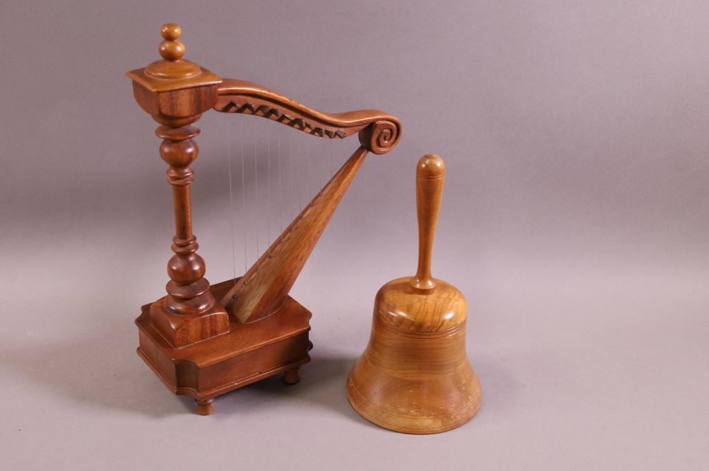 2 WOODEN MUSIC BOXES: WOODEN HARP MUSIC BOX, WORKING, 12" H. & WOODEN REUGE BELL MUSIC BOX, WORKING, 8 1/2" H. THIS ITEM EXCEEDS SIZE LIMITATIONS FOR IN HOUSE SHIPPING.
