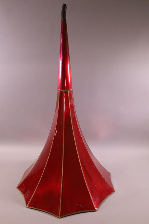 VICTROLA HORN: RED WITH GOLD TRIM, SURFACE SCRATCHES. 19" DIAM / 33" H. THIS ITEM EXCEEDS SIZE LIMITATIONS FOR IN HOUSE SHIPPING.