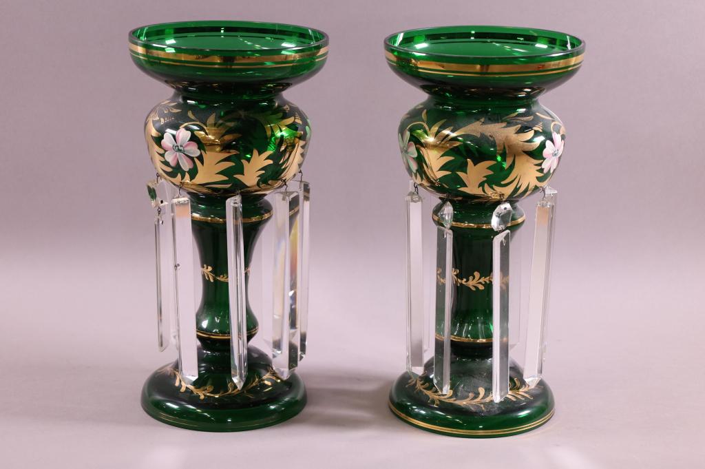 PAIR OF CRYSTAL PRISM MANTLE LUSTERS: ENAMELED PAINTED EMERALD CRYSTAL PRISM LUSTERS. PRISMS DO NOT MATCH, MISSING TOPS & CHIPPED. 13" H.