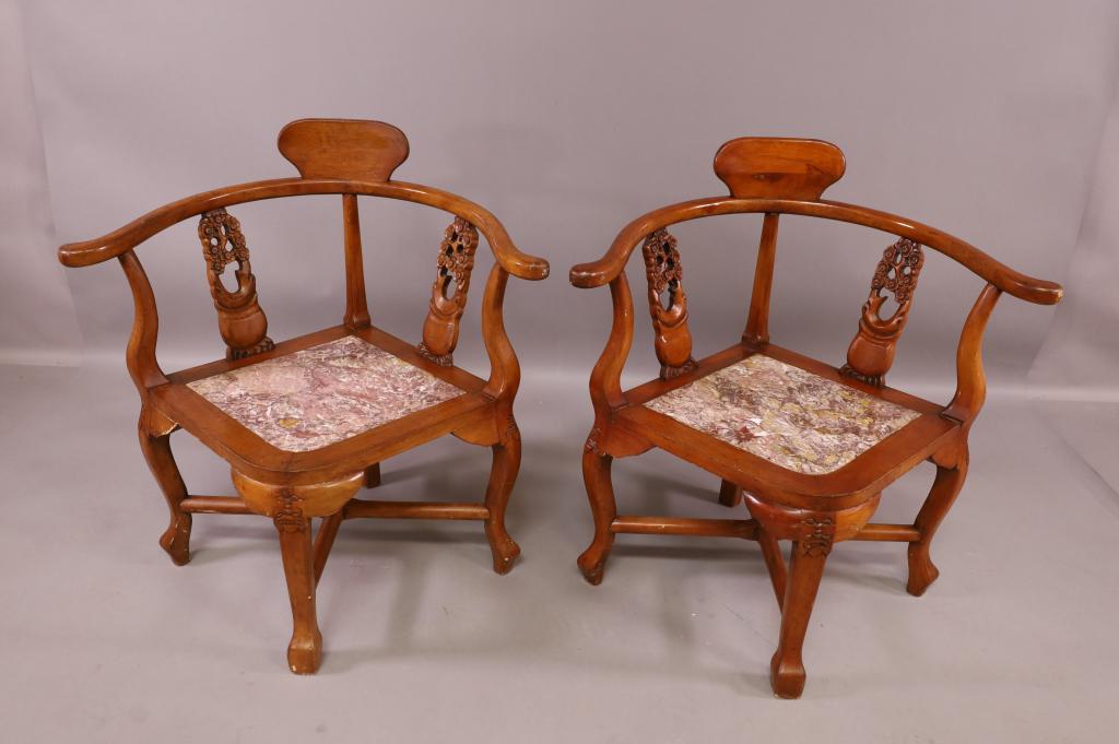 PAIR OF CHINESE CORNER CHAIRS W/ MARBLE SEATS (1 of 6)