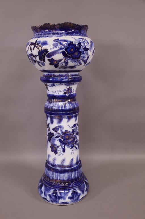 ANTIQUE FLOW BLUE JARDINERE & PEDESTAL (1 of 4)