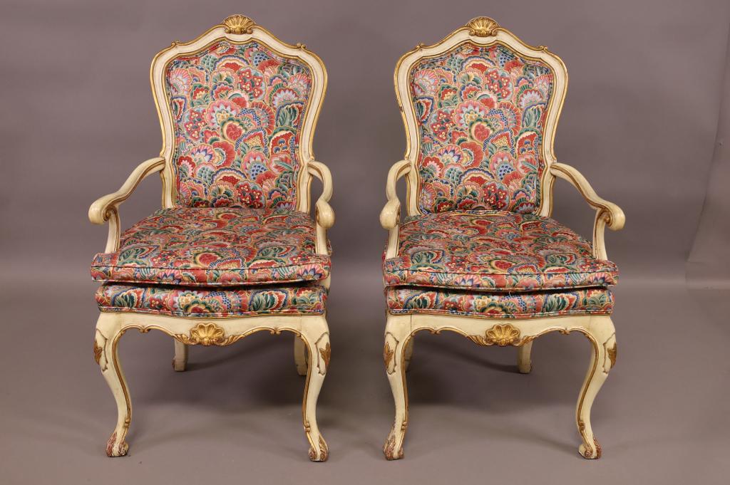 PAIR OF ITALIAN PAINTED ARM CHAIRS: PAIR OF FLORAL UPHOLSTERED ITALIAN STYLE ARM CHAIRS. PAINTED FINISH. MINOR PAINT LOSS. 22" W x 23" D x 41" H. THIS ITEM EXCEEDS SIZE LIMITATIONS FOR IN HOUSE SHIPPING.