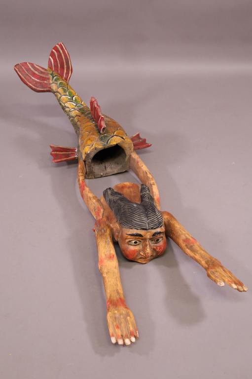 LARGE MEXICAN FOLK ART WOOD MERMAID FIGURE (1 of 4)