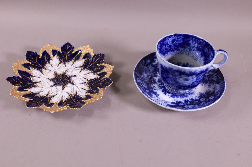 FLOW BLUE CUP & SAUCER & MEISSEN PLATE (1 of 7)