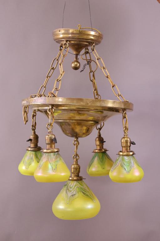 BRASS & ART GLASS SHADE HANGING LIGHT (1 of 4)