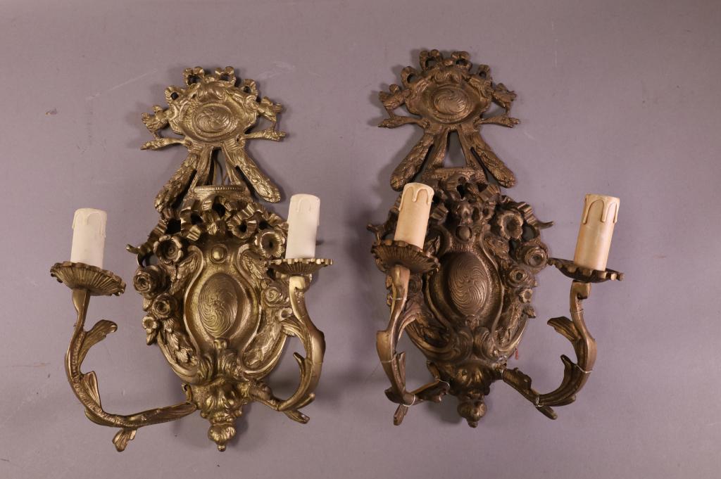 PAIR OF 2 ARM BRONZE WALL SCONCES (1 of 2)