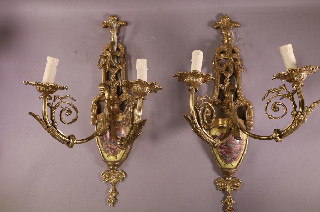 PAIR OF BRONZE 2 ARM WALL SCONCES (1 of 3)