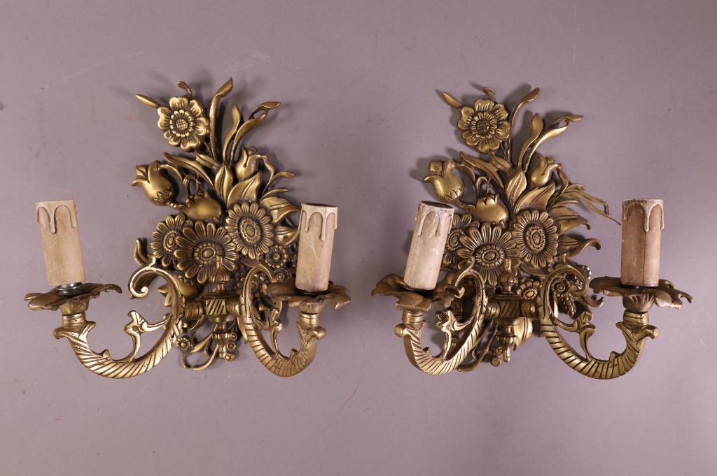 PAIR OF 2 ARM BRONZE WALL SCONCES (1 of 2)