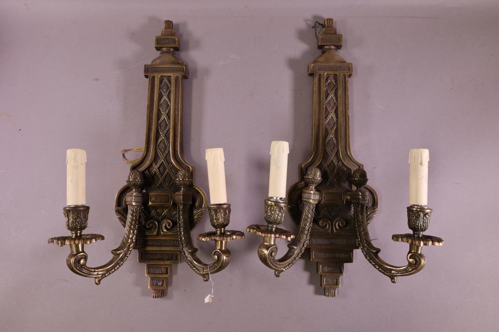 PAIR OF 2 ARM BRONZE WALL SCONCES (1 of 2)