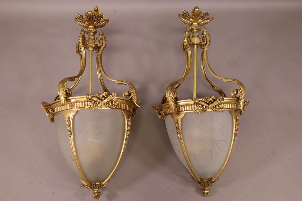 PAIR OF BRONZE AND GLASS HANGING LIGHTS (1 of 4)