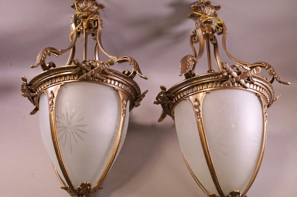 PAIR OF BRONZE & GLASS HALL LIGHTS (1 of 4)