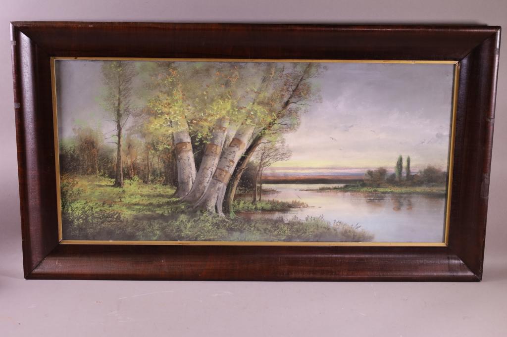 LARGE ANTIQUE PASTEL RIVER SCENE (1 of 2)