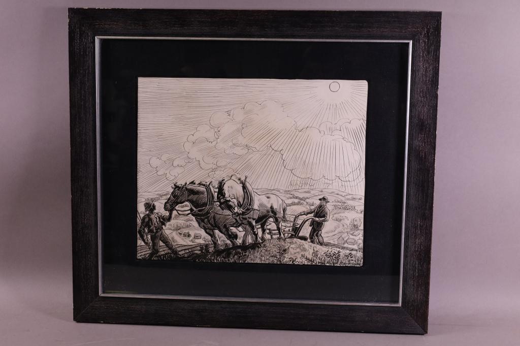 ROCKWELL KENT PEN & INK: ROCKWELL KENT PEN & INK PLOWING SCENE, GOOD CONDITION. 13" x 11' IMAGE SIZE. 21" x 19" IN FRAME.