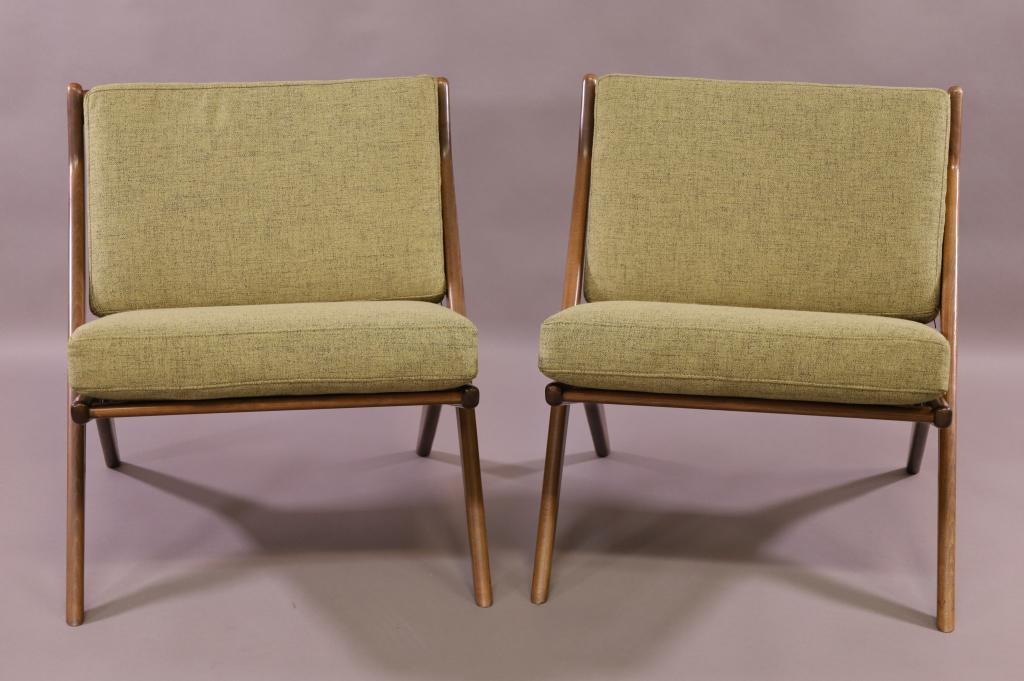 PAIR OF DUX DANISH MODERN SCISSOR CHAIRS: PAIR OF DUX SCISSOR CHAIRS MADE BY KOLKE OHLSSON. MARKED WITH METAL TAG. NEWLY UPHOLSTERED IN VINTAGE STYLE FABRIC. GOOD CONDITION. 25" W x 30" D x 29" H.THIS ITEM EXCEEDS SIZE LIMITATIONS FOR IN HOUS