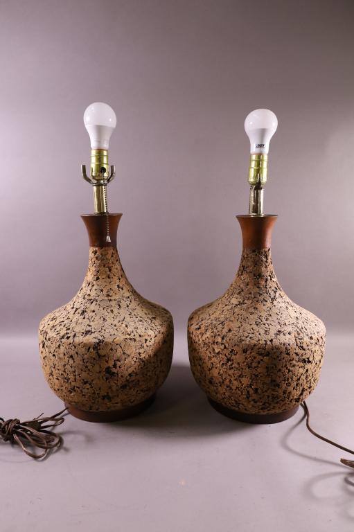 PAIR OF MID CENTURY CORK TABLE LAMPS (1 of 3)