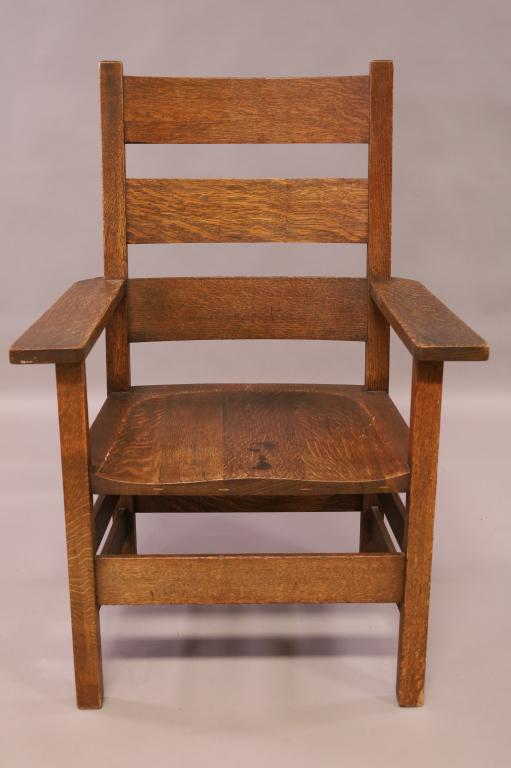 MISSION OAK ARM CHAIR: LARGE ARTS & CRAFTS ARM CHAIR. UNSIGNED STICKLEY. 29" W x 23" D x 41 1/2" H. THIS ITEM EXCEEDS SIZE LIMITATIONS FOR IN HOUSE SHIPPING.