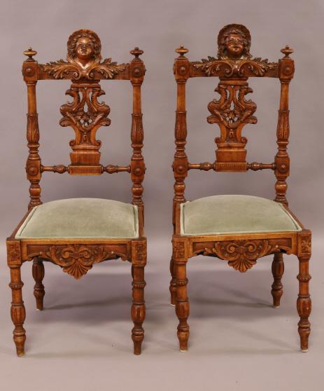 PAIR OF 1900'S HIGHLY CARVED FIGURAL SIDE CHAIRS (1 of 5)