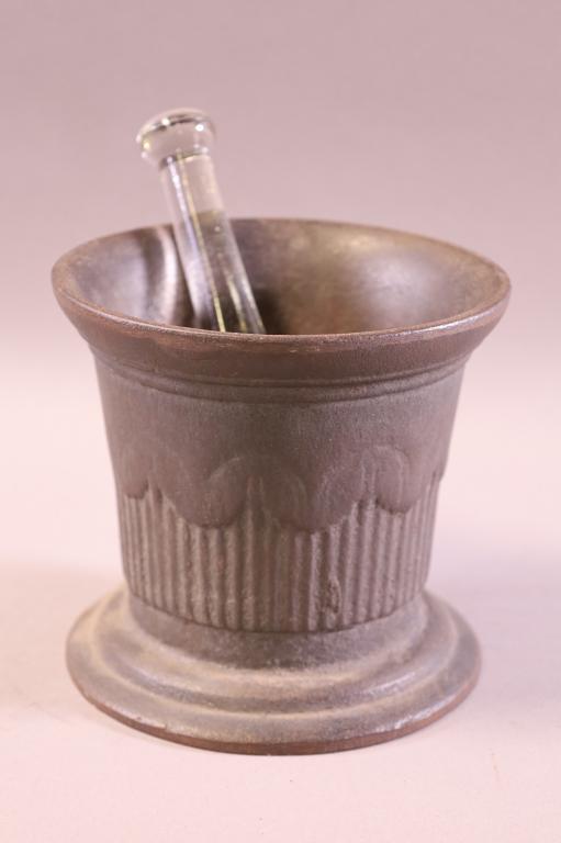 CAST IRON MORTAR WITH CRYSTAL PESTLE: GOOD CONDITION. 6" DIAM x 6" H.