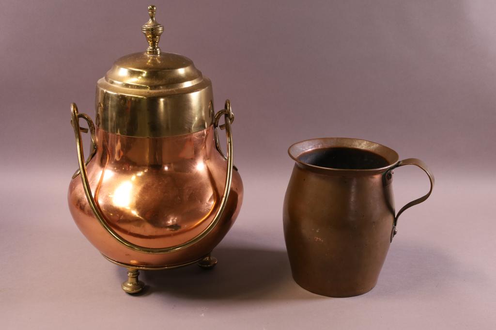 BRASS & COPPER LIDDED KETTLE & COPPER PITCHER (1 of 3)