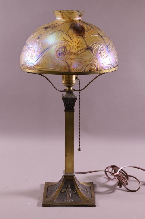 1920'S BRASS & ART GLASS TABLE LAMP (1 of 3)
