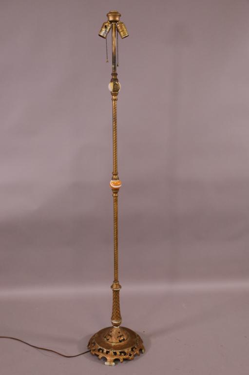 ANTIQUE FLOOR LAMP: NO SHADE, DOUBLE SOCKET. SOME WEAR TO SURFACE. 59" H. THIS ITEM EXCEEDS SIZE LIMITATIONS FOR IN HOUSE SHIPPING.