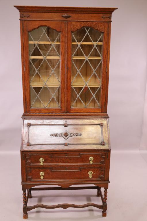 1910'S OAK BARLEY TWIST SECRETARY W/ BOOKCASE TOP (1 of 3)
