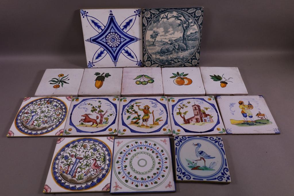 COLLECTION OF 15 TILES: SET OF 5 5" x 5" FRUIT TILES, 2 8" x 8" TILES, & 7 6" x 6" TILES & 1 BIRD TILE. SOME CHIPS.
