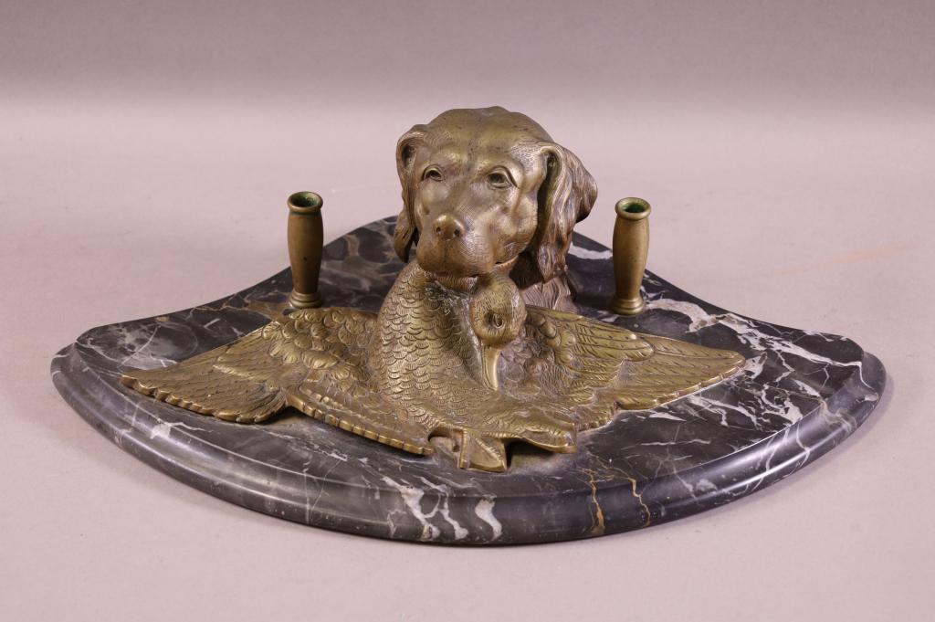 LARGE MARBLE & BRONZE DOG INKWELL & PEN HOLDER (1 of 3)