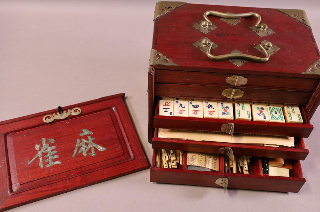 CHINESE MAHJONG SET: CHINESE MAHJONG SET, BRASS AND STONE DECORATED. 5 DRAWER. 9 1/2" W x 6 1/2" D x 6 1/2" H.