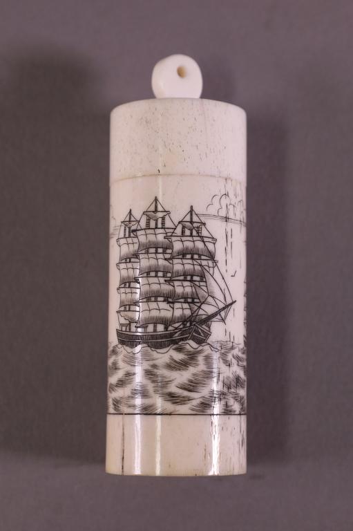 19TH CENTURY SCRIMSHAW MATCH SAFE: EARLY 19TH CENTURY CARVED BONE MATCH SAFE, WHALE & SHIP MOTIF. SCREW TOP LID. 3" H