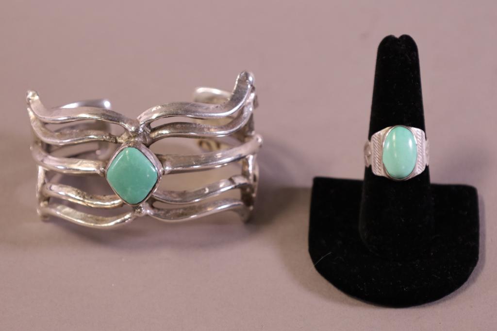 NATIVE AMERICAN SILVER CUFF BRACELET & RING (1 of 4)