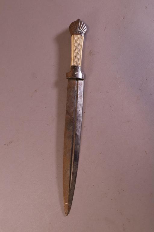 RUSSIAN IMPERIAL DAGGER: CARVED BONE HANDLE, UNMARKED. DOUBLE EDGE BLADE. BLADE IS 9" L / 14" L