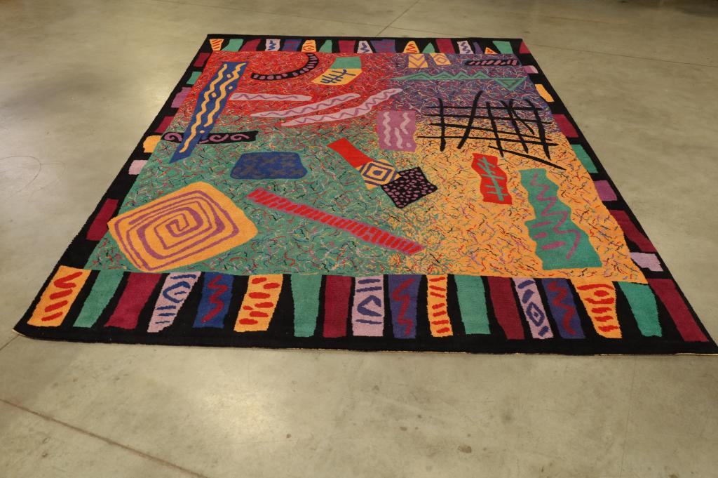 1980'S LARGE GEOMETRIC AREA RUG: APPROX 10' 11" x 7' 10". SCANDANAVIAN SWEDISH ABSTRACT RUG BY KEIVAN WOVEN ARTS. THIS ITEM EXCEEDS SIZE LIMITATIONS FOR IN HOUSE SHIPPING.