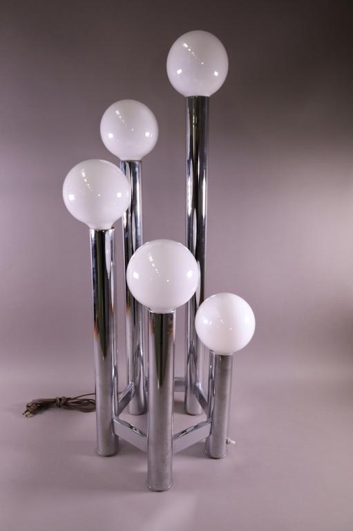 ROBERT SONNEMAN STYLE CHROME GLOBE LAMP: CHROME AND GLOBE TABLE LAMP AFTER ROBERT SONNEMAN. 5 BULB. MINOR SURFACE SCRATCHES. 35" H. THIS ITEM EXCEEDS SIZE LIMITATIONS FOR IN HOUSE SHIPPING.