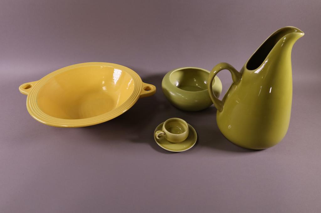 4 PIECES OF BAUER & RUSSEL WRIGHT POTTERY: 14" BAUER CENTER BOWL 11" RUSSEL WRIGHT PITCHER, RUSSEL WRIGHT 7" LOW BOWL, RUSSEL WRIGHT CUP AND SAUCER. ALL MARKED. GOOD CONDITION.