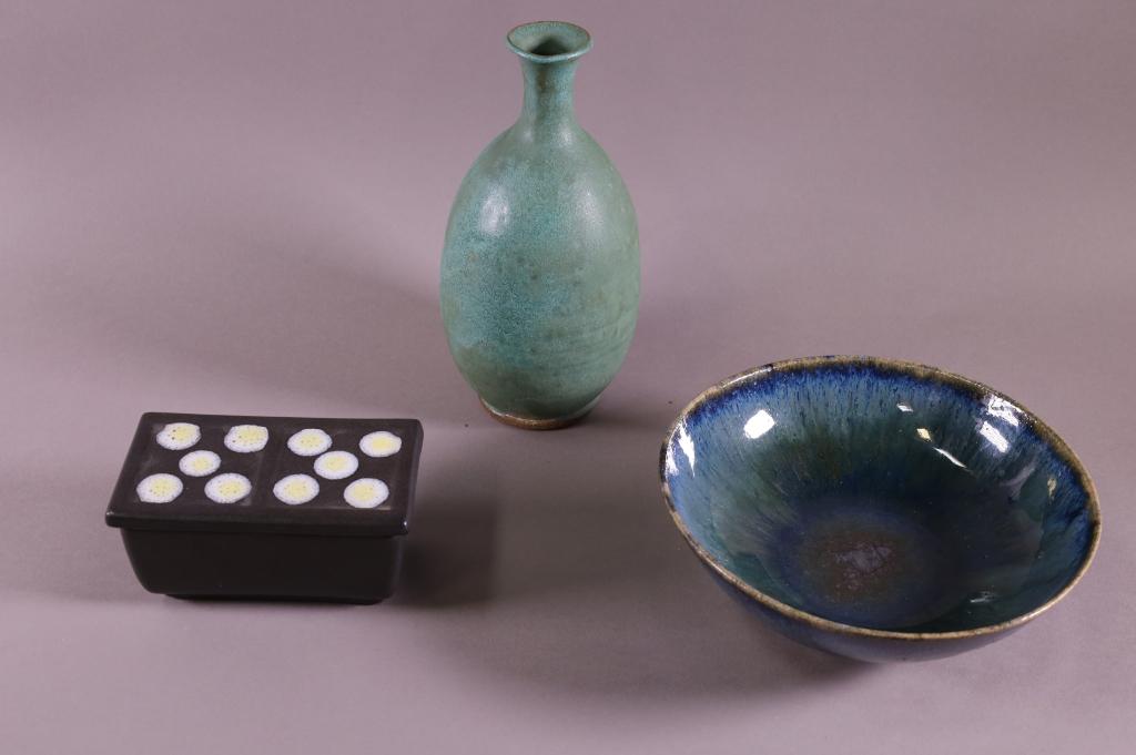 3 PIECE MID CENTURY MODERN POTTERY: LOW BOWL, 9" DIAM. VASE, 9" H. DICE BOX, 5" x 3" ALL IN GOOD CONDITION.