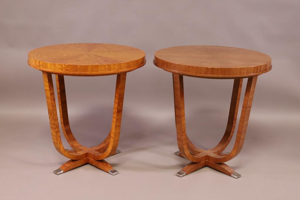 PAIR OF LUCIEN ROLLIN END TABLES: PAIR OF ROUND ART DECO STYLE END TABLES WITH CHROME FEET, SIGNED 'LUCIEN ROLLIN COLLECTION.' GOOD OVERALL CONDITION. 28" DIAMETER X 28" TALL. THIS ITEM EXCEEDS SIZE LIMITATIONS FOR IN HOUSE SHIPPING.