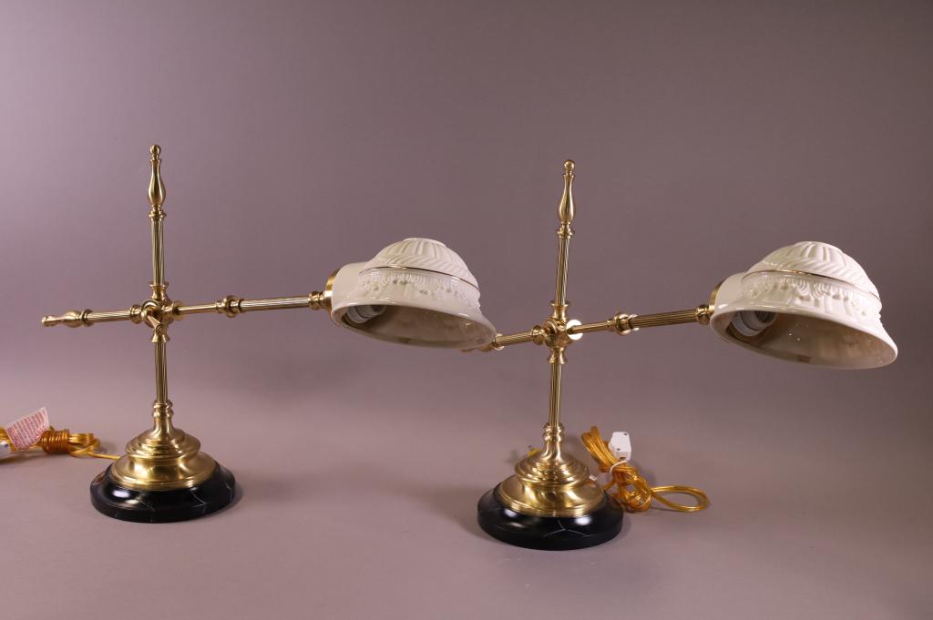 PAIR OF LENOX TABLE LAMPS: PAIR OF BRASS TABLE LAMPS WITH LENOX PORCELAIN SHADE AND WOOD BASE, ADJUSTABLE NECK. BOTH 17" TALL. UNSIGNED. THIS ITEM EXCEEDS SIZE LIMITATIONS FOR IN HOUSE SHIPPING.