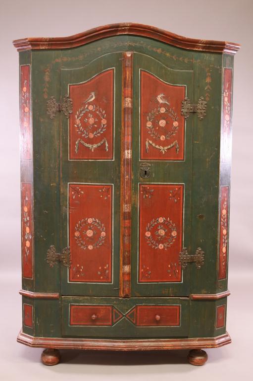 LARGE ANTIQUE PAINTED 2 DOOR ARMOIRE: IRON HINGED, 2 DOOR UPPER, SINGLE DRAWER LOWER. HAND PAINTED ARMOIRE. MINOR PAINT LOSS, GOOD OVERALL CONDITION. 46" W x 20" D x 76" H. THIS ITEM EXCEEDS SIZE LIMITATIONS FOR IN HOUSE SHIPPING.