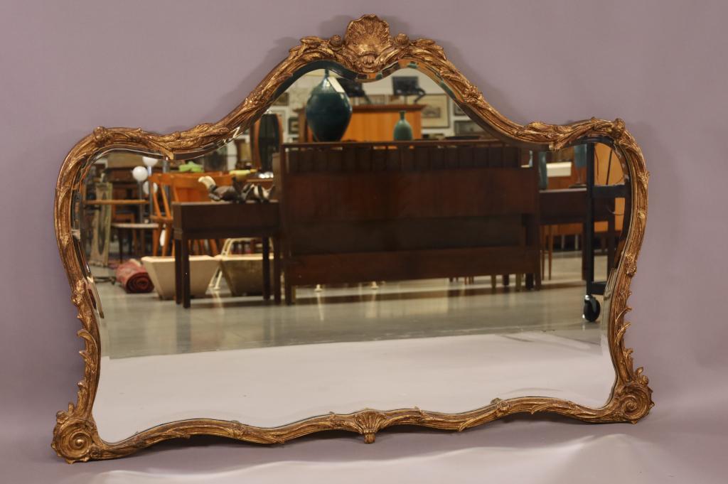LARGE BEVELED WALL MIRROR: GESSO AND GILT WOOD FRAME. LARGE BUFFET OR MANTLE MIRROR. GOOD CONDITION. 61" W x 42" H. THIS ITEM EXCEEDS SIZE LIMITATIONS FOR IN HOUSE SHIPPING.