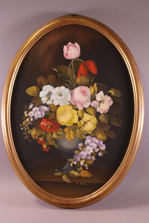 FLORAL STILL LIFE PAINTING: OIL ON BOARD FLORAL STILL LIFE. SIGNED LOWER RIGHT, R ROSINI. 22" W x 31" H. IN FRAME.