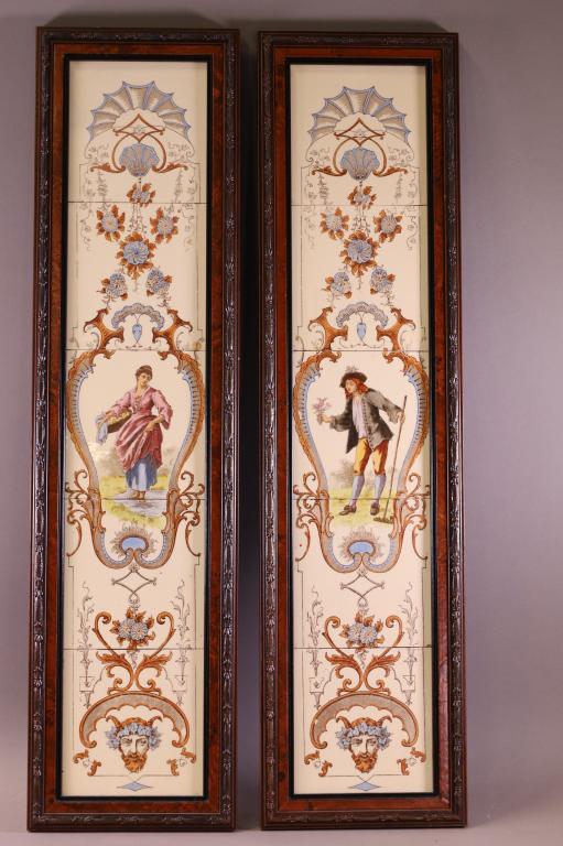 PAIR OF FRAMED TILE PANELS: SIX, 6" TILES FRAMED IN MAHOGANY FRAME. 32" x 8 1/2"
