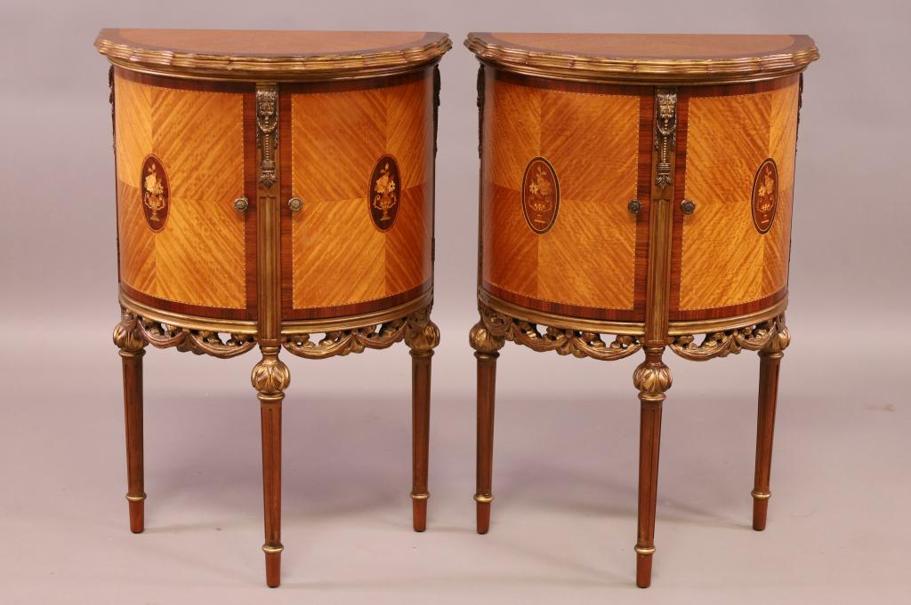 PAIR OF 1930'S INLAID FRENCH STYLE NIGHTSTANDS: HALF MOON FRENCH STYLE NIGHTSTANDS. TWO DOOR. GOOD CONDITION. 23" W x 12" D x 34" H. THIS ITEM EXCEEDS SIZE LIMITATIONS FOR IN HOUSE SHIPPING.