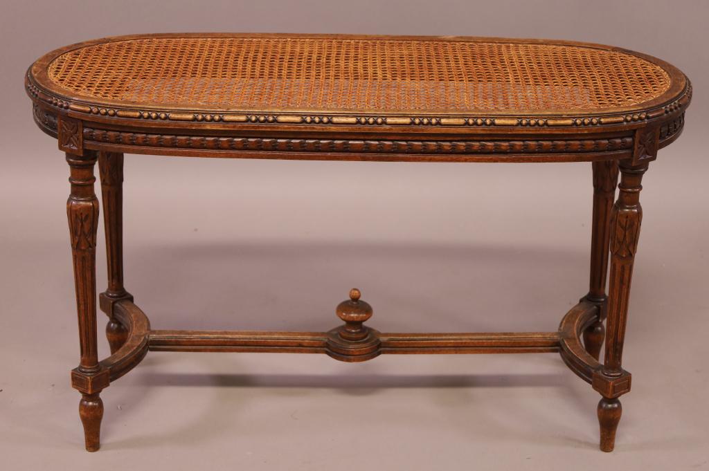 COUNTRY FRENCH CANE TOP END OF BED BENCH: COUNTRY FRENCH STYLE BENCH WITH CANE SEAT. 36" W x 14" D x 20" H. THIS ITEM EXCEEDS SIZE LIMITATIONS FOR IN HOUSE SHIPPING.