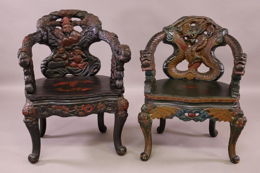 NEAR PAIR OF CARVED JAPANESE DRAGON ARM CHAIRS: NEAR PAIR OF CARVED JAPANESE ARM CHAIRS, FIGURAL AND DRAGON CARVED. 27" W x 22" D x 36" H. THIS ITEM EXCEEDS SIZE LIMITATIONS FOR IN HOUSE SHIPPING.