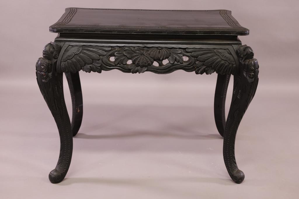 ANTIQUE CARVED JAPANESE LIBRARY TABLE: CARVED SKIRT AND LEGS. GOOD CONDITION. 39" W x 30" D x 30" H. THIS ITEM EXCEEDS SIZE LIMITATIONS FOR IN HOUSE SHIPPING.