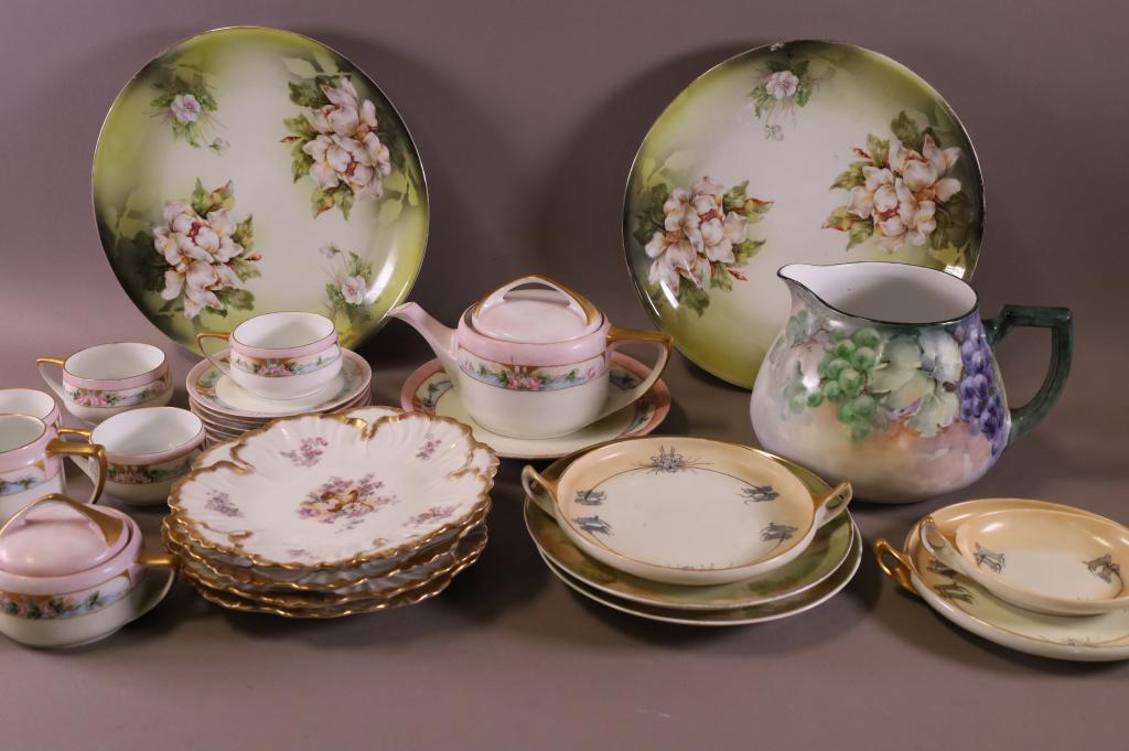 COLLECTION OF HAND PAINTED PORCELAIN: ROSENTHAL DONATELLO BAVARIAN TEA SET, BAVARIAN PITCHER, 2 R.S. GERMANY PLATTERS, 2 AUSTRIAN PLATES, 4 FRENCH PLATES, & 3 ROSENTHAL HANDLED DISHES.