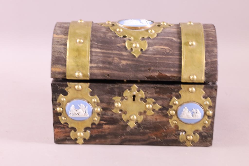 19TH C. METAL STRAPPED & JASPERWARE JEWELRY CASKET: JEWELRY CASKET WITH JASPERWARE MEDALLIONS. NO FABRIC LINING. 9" x 5" x 6"