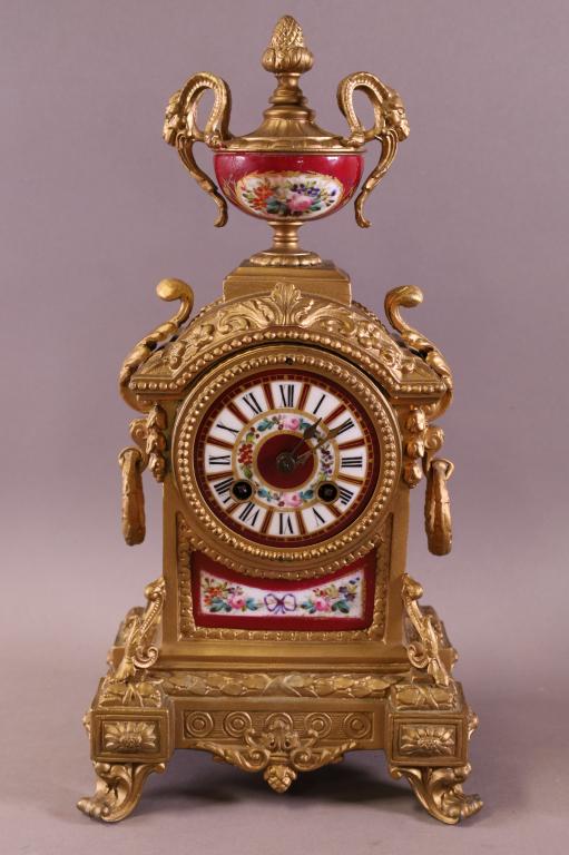 GILT METAL & PORCELAIN FRENCH MANTLE CLOCK (1 of 3)