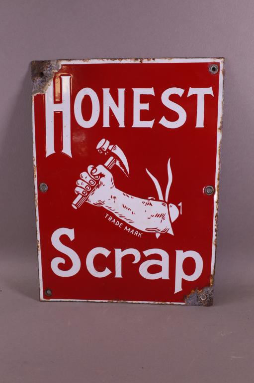 HONEST SCRAP W/ LOGO PORCELAIN SIGN: SSP SIGN HAS VERY GOOD COLOR AND GLOSS, FIELD IS CLEAN, CHIPS AROUND THE PERIMETER, 12"X9", RATED 8. TAC #040289